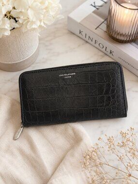 David Jones Paris Black Croc Embossed Zip Around Wallet